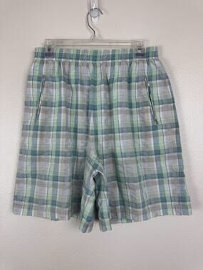 Vintage 80s Koret Francisca Plaid High Rise Cotton Bermuda Mom Shorts Green PL